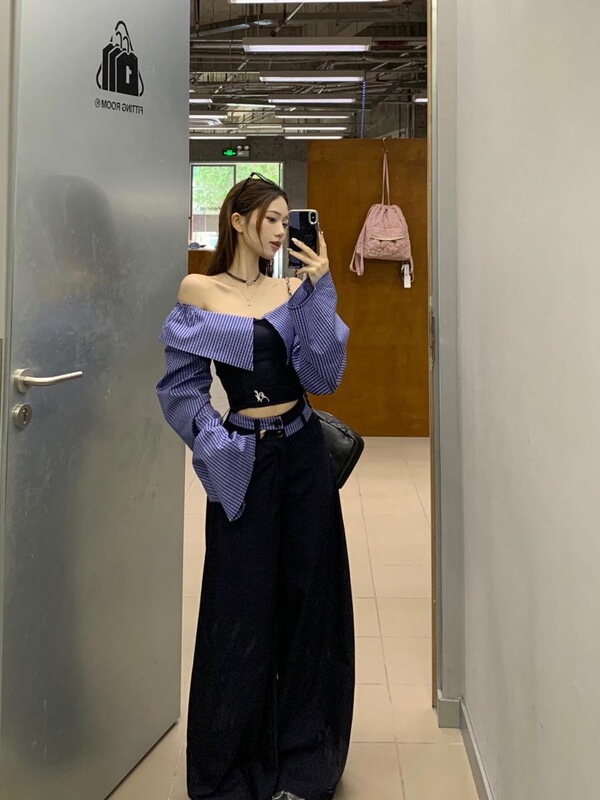 甜酷辣妹套装小众条纹拼接两穿长袖衬衫女装秋季高腰阔腿裤两件套|undefined