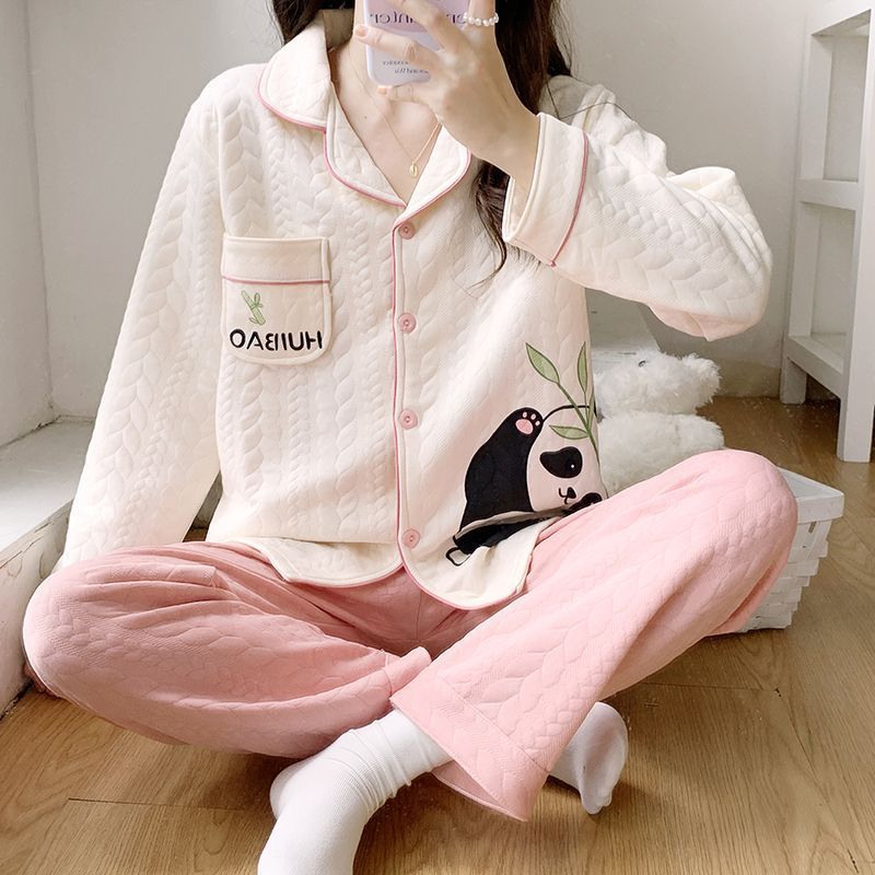 Al por mayor transfronterizo red de algodón aire cardigan intercalado pijama conjunto de mujeres otoño invierno dulce ropa cálida para el hogar