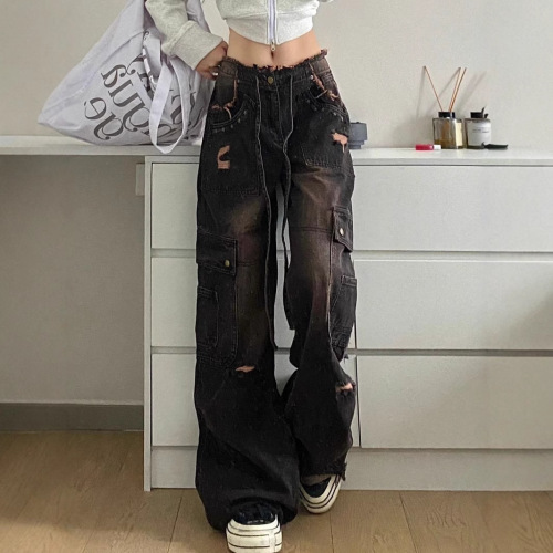 American retro washed frayed workwear jeans for women, high street straight-leg loose and slimming wide-leg floor-length pants, trendy