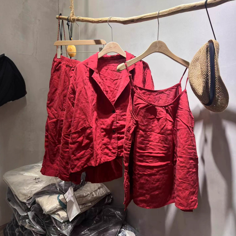 2025 Autumn Linen Three-Piece Women's Clothing Literary Retro Camisole Suit Jacket Loose Wide Leg Harem Pants
