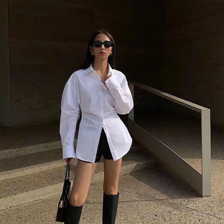 2026 Spring/Summer New Long-Sleeved Solid Color Professional Shirt for Women, Slim Fit, Versatile, Extra Long Style, Pure and Alluring Style