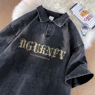 Washed Turtleneck Short-sleeved Men's American Style Retro Heavy Loose Trendy Men's Summer Dress Half-sleeved T-shirt Top