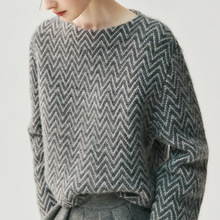 时尚宽松短款山羊绒衫一字领女加厚条纹毛衣2025秋冬新款针织上衣