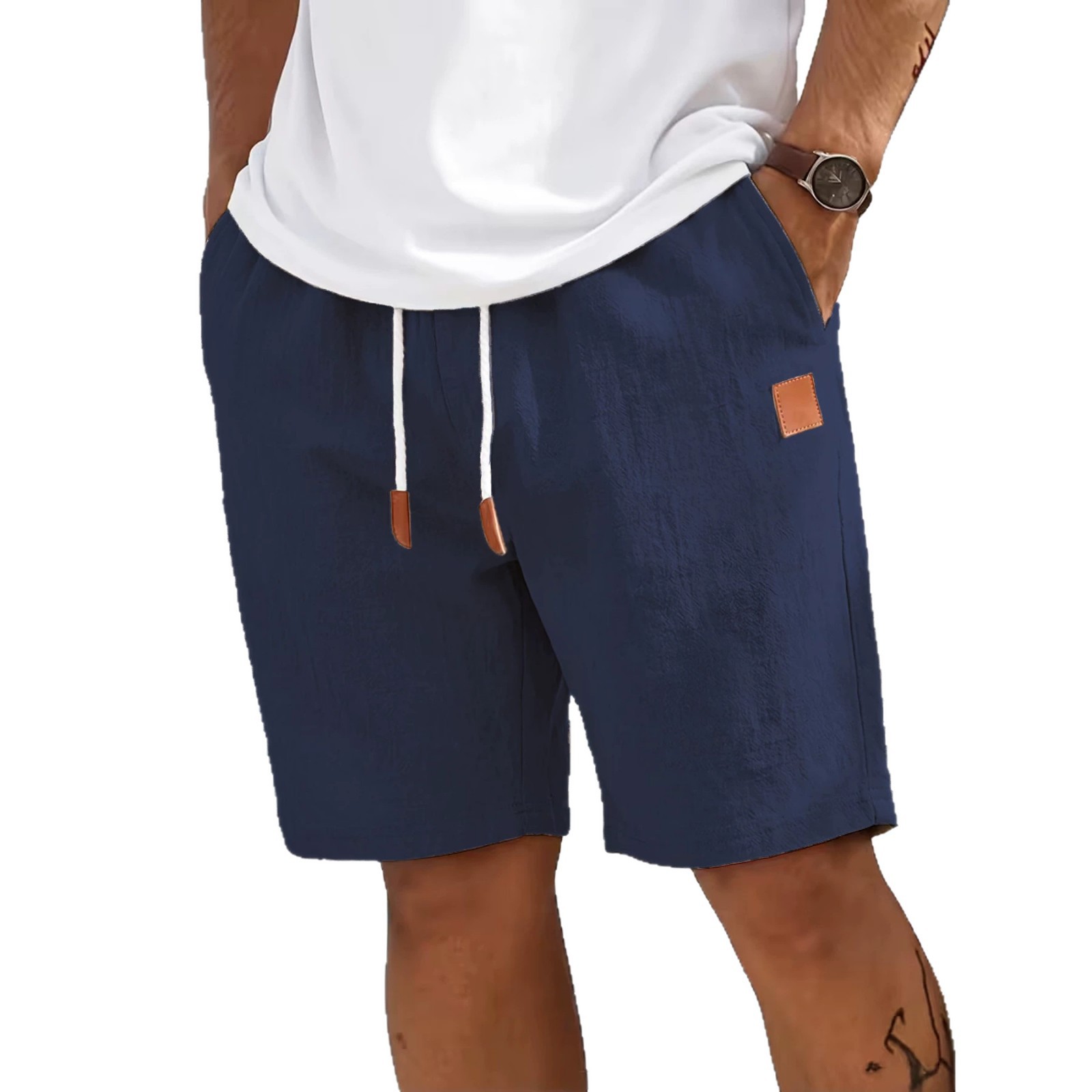 Rechte linnen strandbroek voor heren, zomerse casual sportshorts, middellange lengte met leren afwerking, losse pasvorm, vijfpuntsmodel_voghion.com