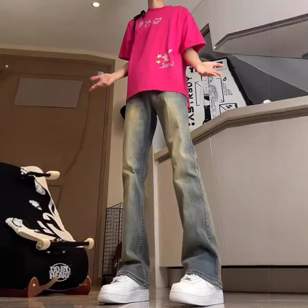 Lavados con agua hechos viejos jeans de estilo americano de alta calle vibe viento hombre vintage slimming rectas pantalones largos