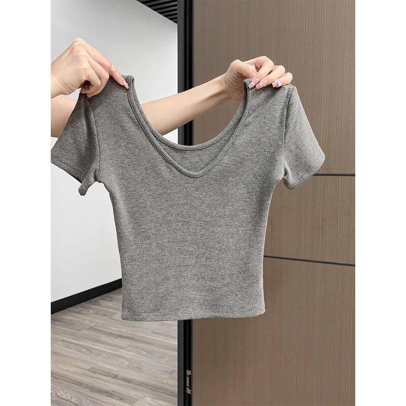 クールシルクコットン新作夏スリムグレーVネック半袖Tシャツ女性若者シンプル通勤韓国風ファッション痩身|undefined