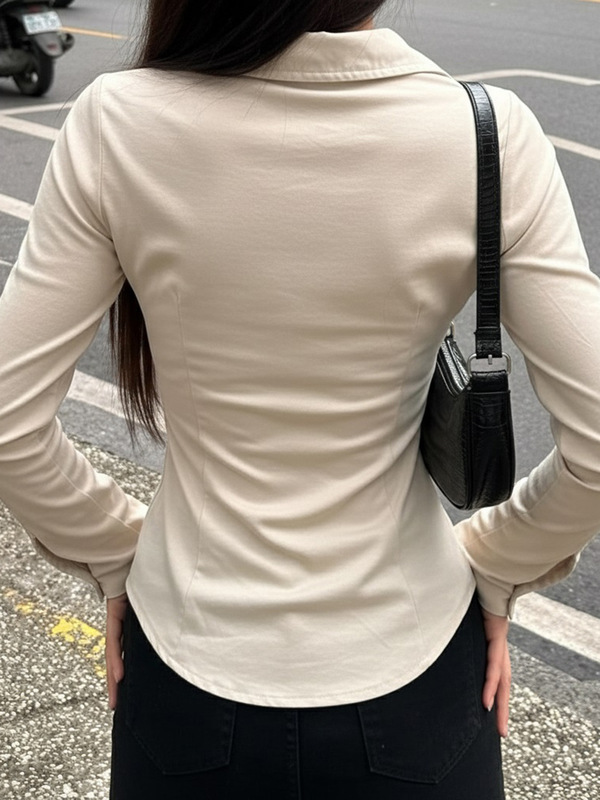 欧美翻领简约休闲工装紧身针织衬衫跨境新款修身显瘦设计长袖上衣|undefined