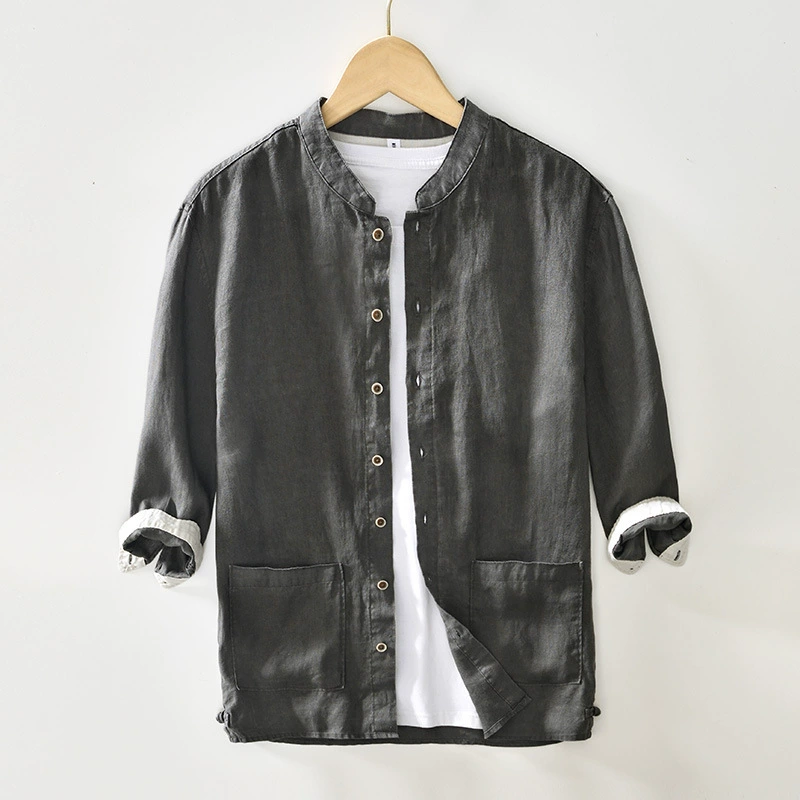 L1008 льняная Ретро рубашка с рукавами с семью точками в китайском стиле простая однотонная Повседневная рубашка поколение волос