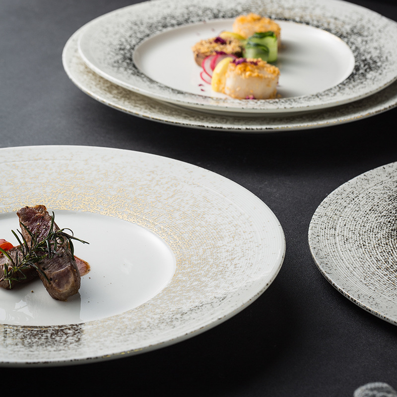 歐式創意輕奢金邊平盤酒店商用大號12寸平板牛排盤意面飛碟草帽盤