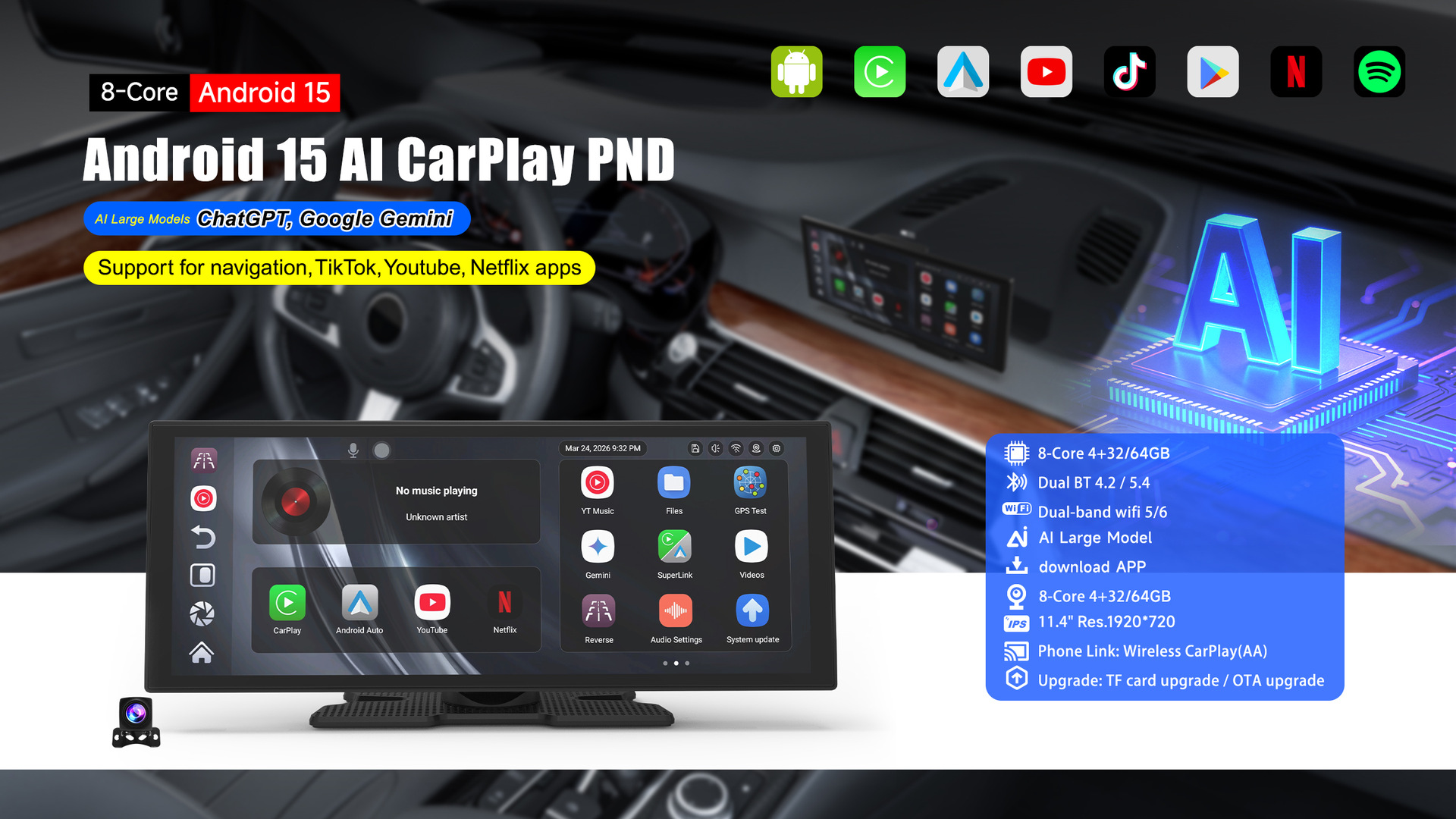 Customized 11.4inch Dash Cam Wireless Carplay Smart Screen Car Reversing Camera Car Navigation