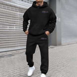 2025 AliExpress new cross-border men's fleece-lined sweater suit casual sports Joker 3D printed sweater pants