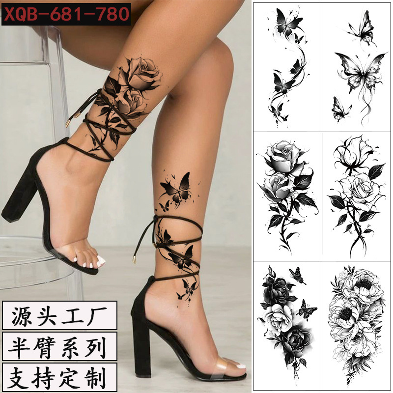 New Small Full Arm Animal Black and White Butterfly Color Flower Half Arm Tattoo Sticker for Men and Women Artificial Flower Arm Cross-border Explosions