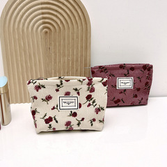 Portable zippered bag for cosmetics and skincare; travel flannel floral storage pouch; toner and lotion wash bag