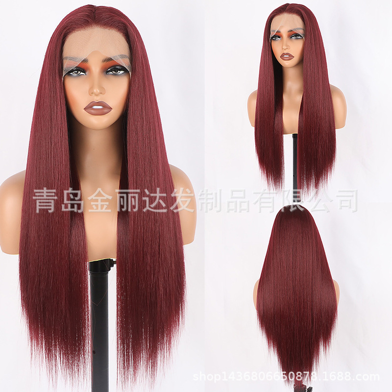 European and American Foreign Trade Hot-Selling Wig 13*4 Front Lace Hand-Tied Wig Headgear Burgundy Long Straight Hair Factory Direct Sale European and American Foreign Trade Hot-Selling Wig 13*4 Front Lace Hand-Tied Wig Headgear Burgundy Long Straight Hair Factory Direct Sale