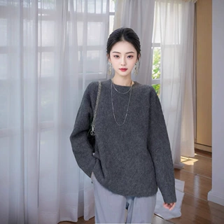 跨境圆领套头宽松秋冬保暖外套针织衫上衣高比例苏力羊驼毛轻奢
