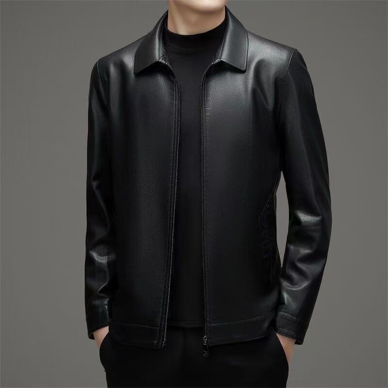 Clearance Sale: Haining First-Layer Leather Men's Leather Jacket with a Turn-Down Collar, New Style for Middle-Aged Men, Thickened Casual Jacket Clearance Sale: Haining First-Layer Leather Men's Leather Jacket with a Turn-Down Collar, New Style for Middle-Aged Men, Thickened Casual Jacket