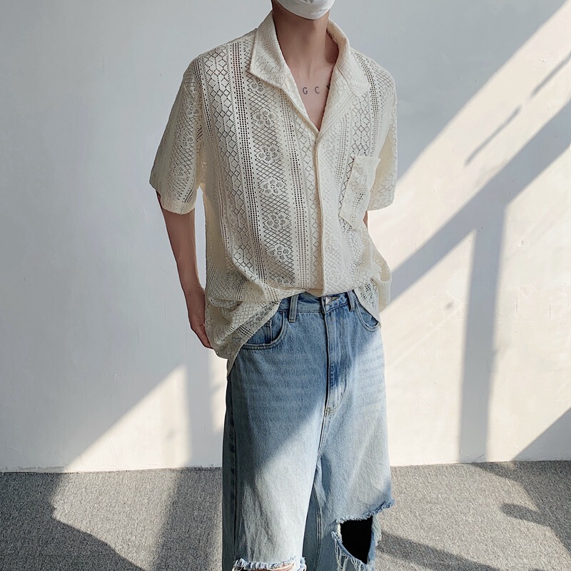 Summer Thin Retro Breathable Hollow Lace Cuban Collar Shirt for Men and Women Casual Unisex Sun Protection Short-Sleeved Tops