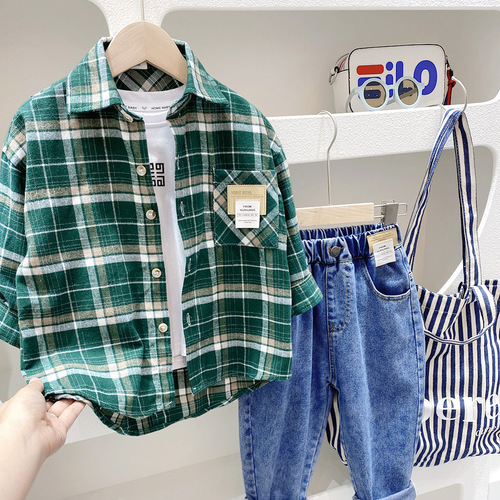 Boys' long-sleeved shirts, spring and autumn children's clothing, 2024 new style, medium and large boys' spring casual plaid shirts, Korean version trendy