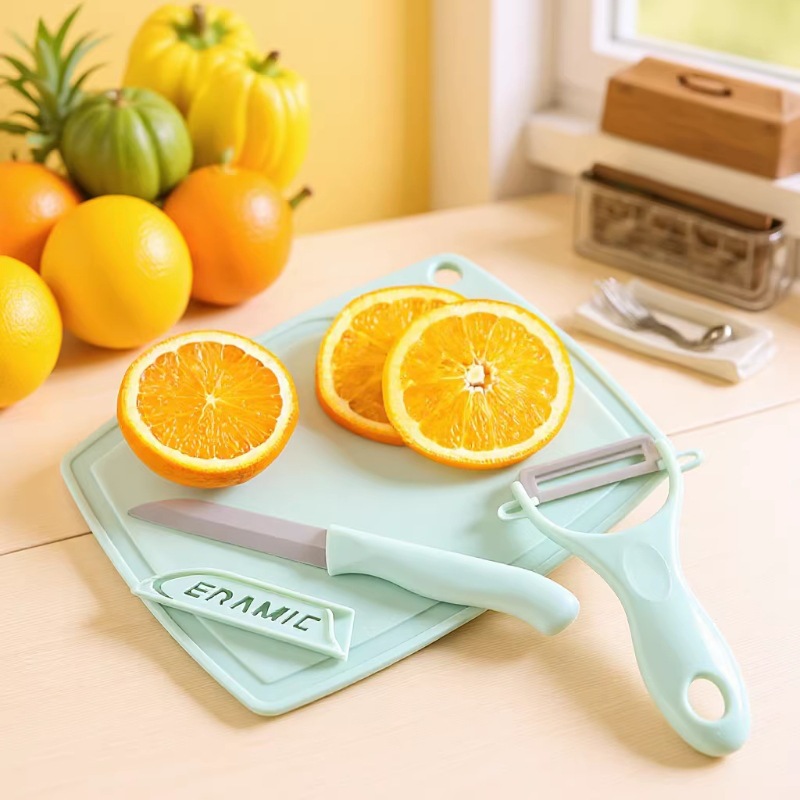 Convenient Kitchen knife three-piece set Nordic candy color cutting board peeler ceramic knife set kitchen gift suit