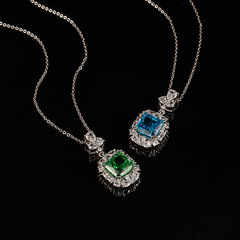 熱賣高碳鑽海藍寶吊墜公主方綠鋯冰花切項鍊歐美輕奢飾品一件代發