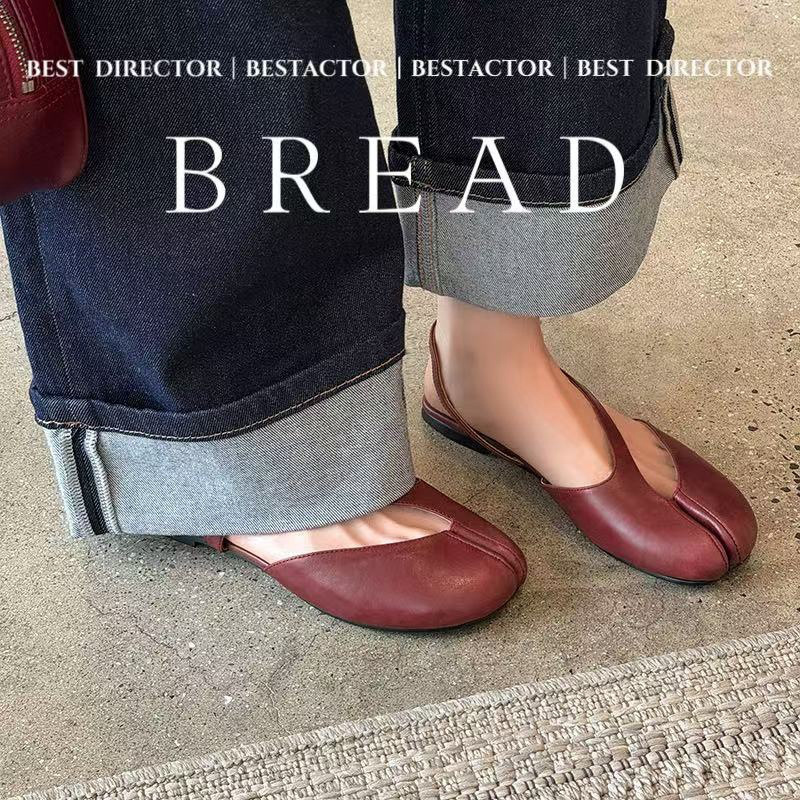 Sandal nữ da trâu chia ngón chân mũi trùm đế bệt — Đỏ (cao 1cm) chi tiết 1