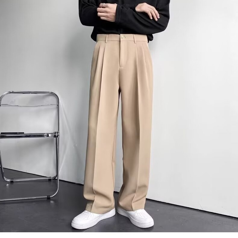 夏用の男性用白いドレープカジュアルパンツ、薄手のストレートパンツ、アイスシルクビジネススーツパンツ、フロアレングスパンツ|undefined