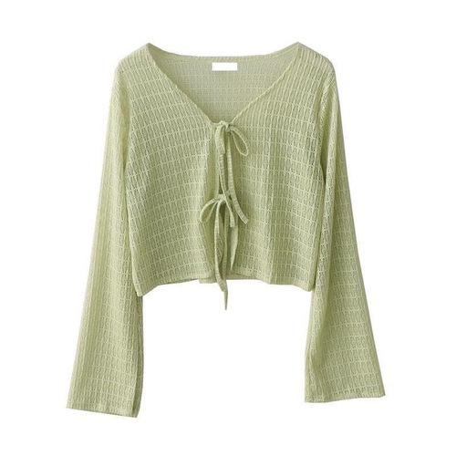 Chic summer thin lace mesh strappy sweater for outerwear, ice silk short mesh sun shirt with long sleeves for women