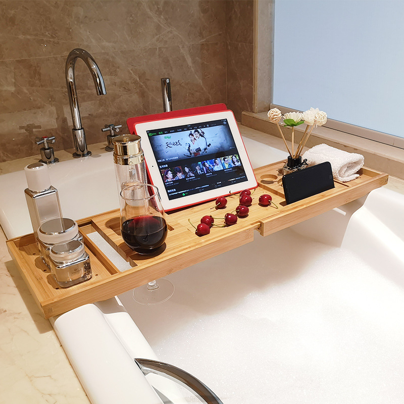 Bamboo Bathroom Shelf, Guesthouse Bathtub Tray, Phone Holder, No-Drill Storage Rack