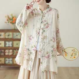 2026新中式国风印花盘扣上衣新款春秋季女复古薄款中长款衬衫