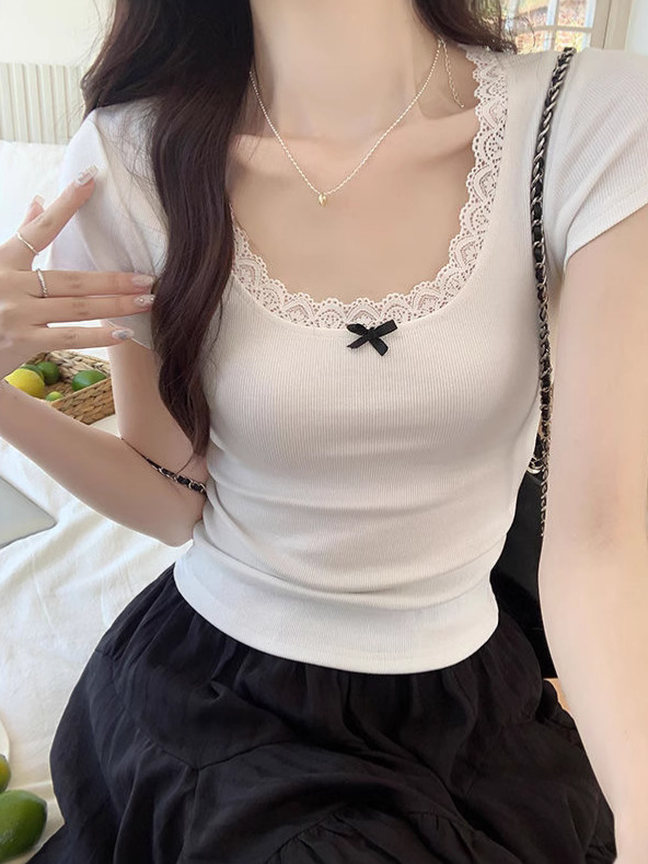 Insセクシー純欲蝶結びレース小香風半袖tシャツ女性夏U襟ショートタイプの女性t潮