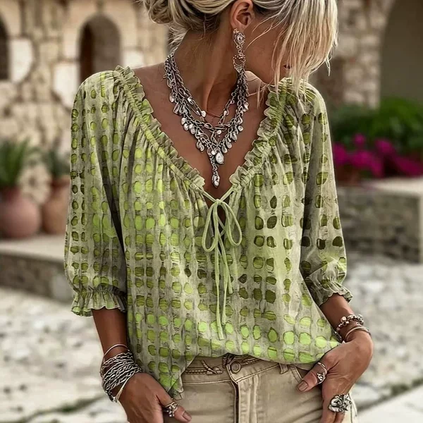 In-Stock 2026 Model Cross-Border European and American Amazon Abstract Geometric Polka Dot Print Drawstring Ruffle V-Neck Top