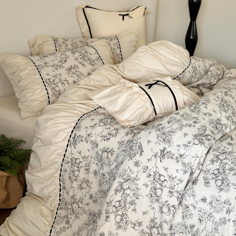 Nordic French Vintage Boho French Retro Style Autumn And Winter 50S High-thread Count Brushed Four-piece Set, Pure Cotton Thickened Warm Duvet_voghion.com