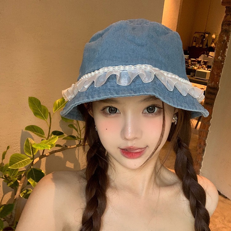 Ballet de encaje sombrero de vaquero sombrero de pesca de hadas perlas primavera y otoño protección solar versátil sombrero de balde para mujeres