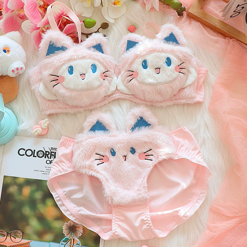 2024 осенне-зимний милый мягкий комплект нижнего белья с рисунком Lucky Cat, морозостойкий согревающий сексуальный комплект с бюстгальтером