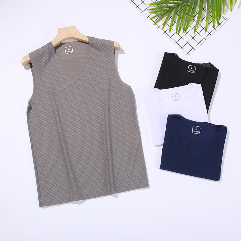 The new Xiabing silk vest men's wide shoulder V-collar sports High stretch summer mesh male batch