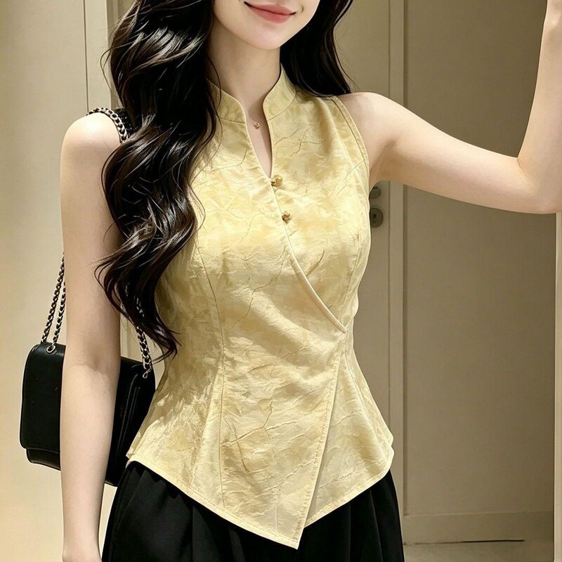 Elegant and sophisticated high-end new Chinese-style yellow printed top, 2026 summer hot-selling French-style waist-cinching shirt Elegant and sophisticated high-end new Chinese-style yellow printed top, 2026 summer hot-selling French-style waist-cinching shirt