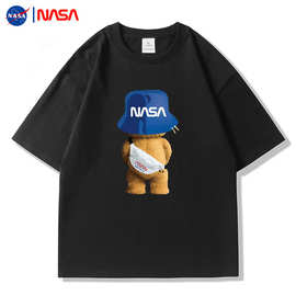 NASA联名夏季男女纯棉短袖潮牌宽松小落肩版圆领T恤背包小熊图案