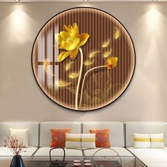 中国风玄关装饰画走廊过道茶室壁画轻奢圆形荷花九鱼客厅餐厅挂画