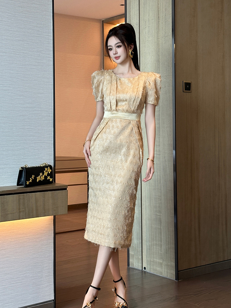 Váy ngắn tay phong cách Pháp dáng suông eo thon cho nữ mùa hè — sâm panh