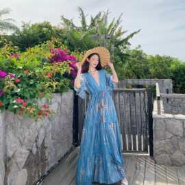 波西米亚新款异域复古收腰海边度假超仙大摆裙图片色薄纱宽松型