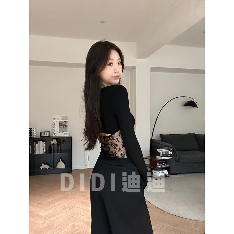 大码胖mm美式辣妹后背镂空蕾丝拼接长袖T恤女秋季修身显瘦上衣|undefined