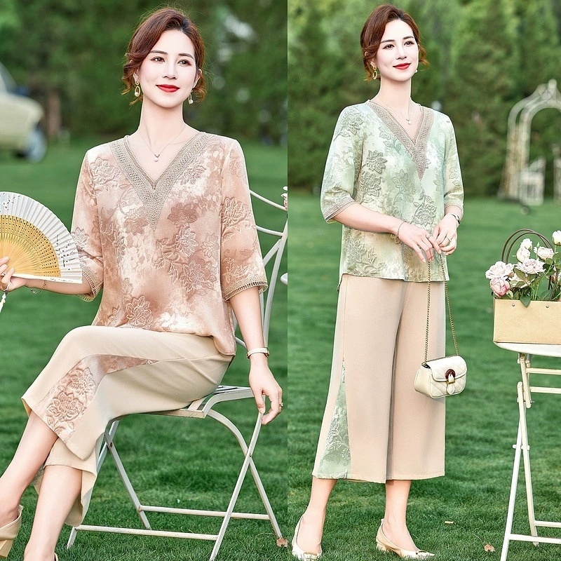 2025 новая мама летняя одежда набор иностранные модные топы из двух частей среднего и пожилого возраста женская летняя футболка с короткими рукавами