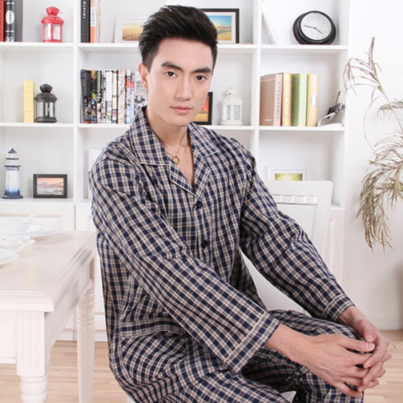 Plaid Cotton Men's Pajamas Set Long-Sleeved Large Size Home Clothes Loose Large Size Suit