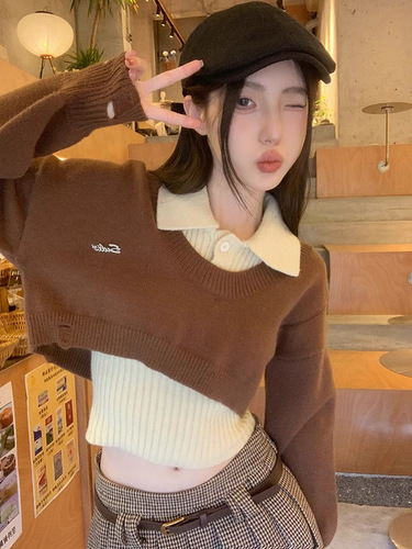 American-style Campus Look Set: Short Knit Top with Layered Sweater, Women's Autumn/Winter Slim Fit Base Layer Top—Two-Piece Outfit
