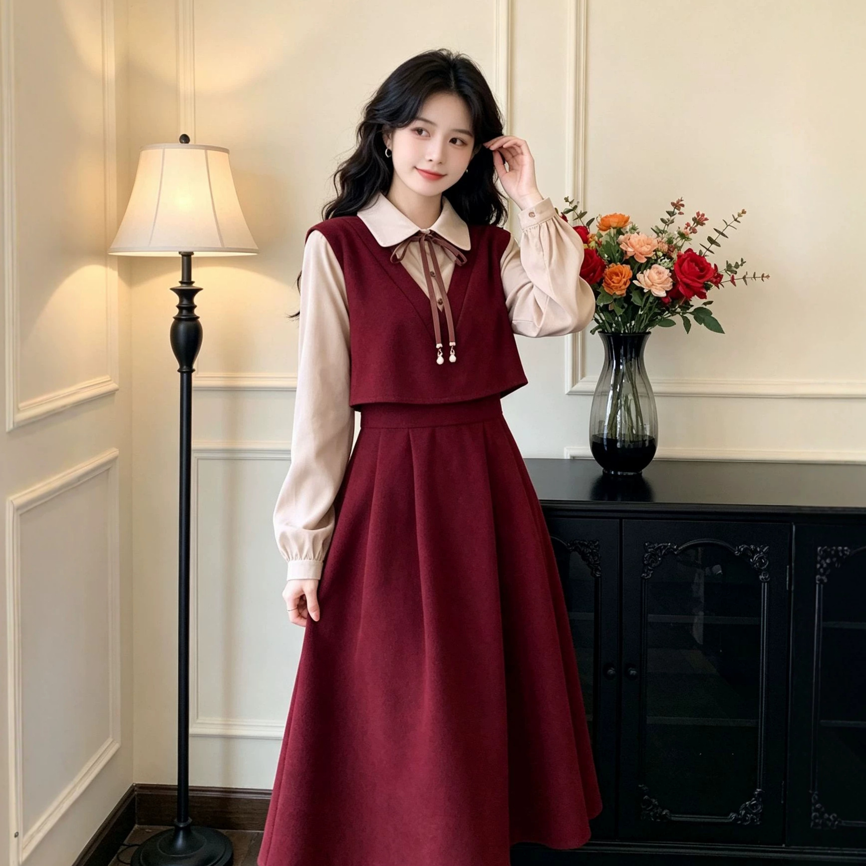 Autumn and Winter New Age-Reducing Mid-Length Dress Fake Two-Piece College Style Long Skirt for Small People, Elegant and Fashionable