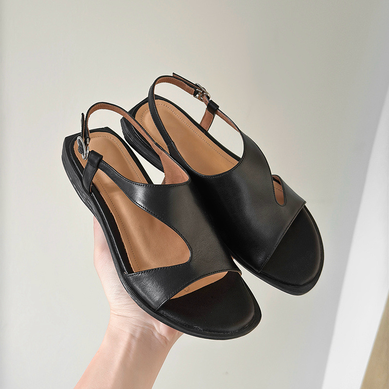 Dép sandal nữ quai ngang da bò hở mũi đế bằng kiểu La Mã — đen