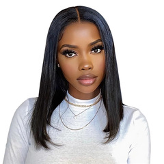 European and American False Hair for Women, Shoulder Length, Center Parted, Straight Hair, African Trade Supply, Black Medium Length, Fiber Hair Cap, Overseas Dropshipping