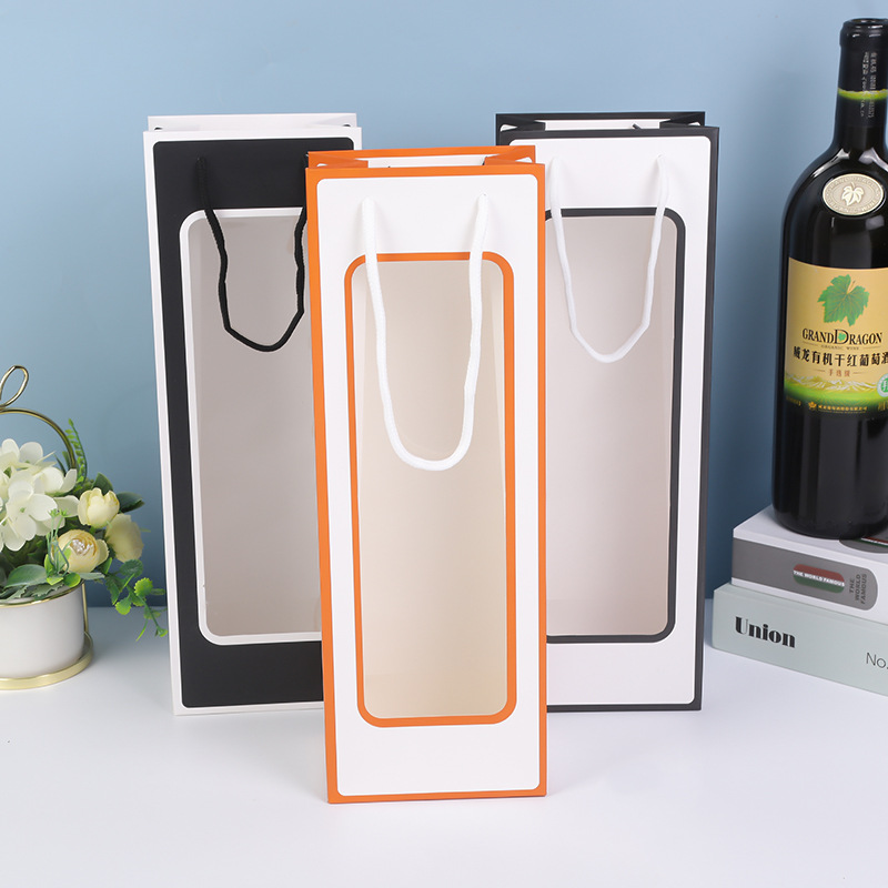 Bolsa de vino con ventana transparente – bolsa de papel kraft con asa para regalo, flores o vino