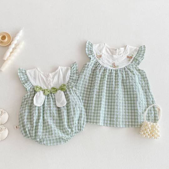 Baby's Plaid Bag Fart Clothes 2025 New Summer Baby Girl Super Cute Embroidered Rabbit Hare Flying Sleeve Lightweight Climbing Wear
