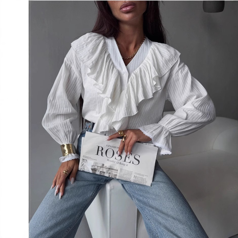 Cross-Border V Neck Ruffled European and American French Retro Design Long-Sleeved Shirt Early Spring Loose Top